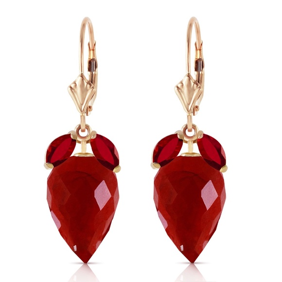 14K. SOLID GOLD EARRING WITH DANGLING POINTY BRIOLETTE RUBIES (Yellow Gold) - Picture 2 of 4